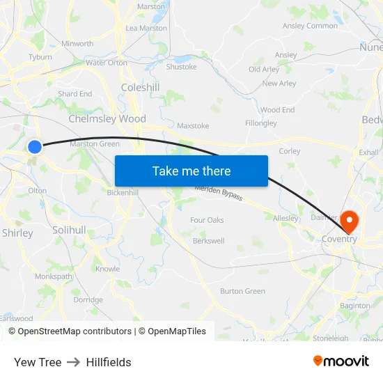 Yew Tree to Hillfields map