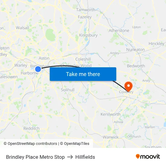 Brindley Place Metro Stop to Hillfields map