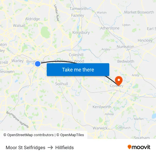Moor St Selfridges to Hillfields map