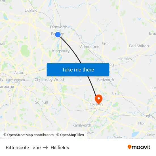 Bitterscote Lane to Hillfields map