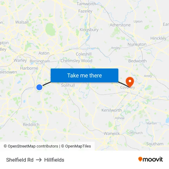 Shelfield Rd to Hillfields map
