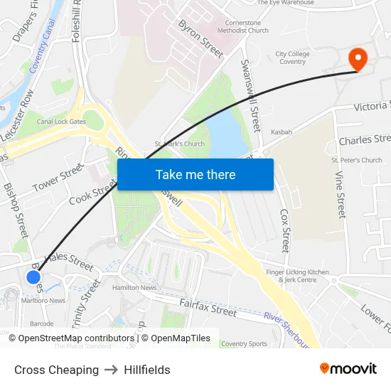 Cross Cheaping to Hillfields map