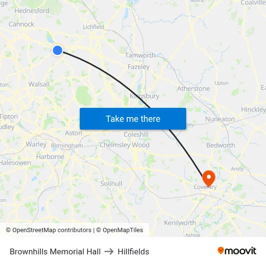 Brownhills Memorial Hall to Hillfields map