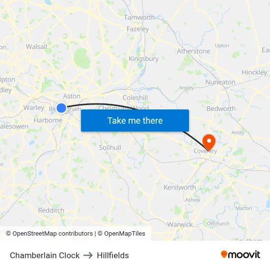 Chamberlain Clock to Hillfields map
