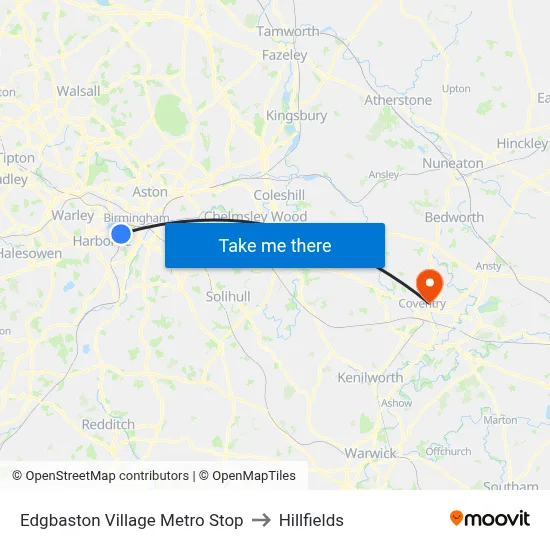 Edgbaston Village Metro Stop to Hillfields map