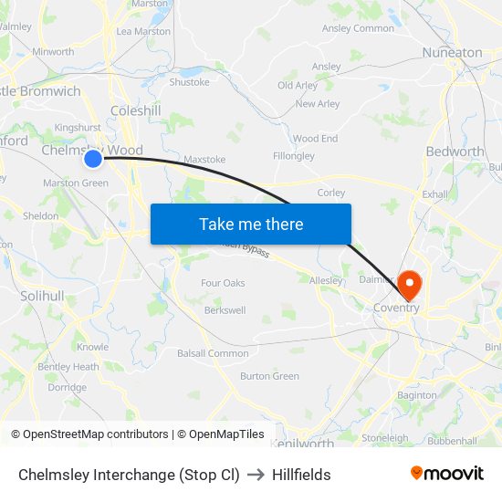 Chelmsley Interchange (Stop Cl) to Hillfields map