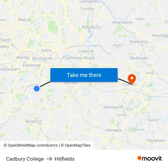 Cadbury College to Hillfields map