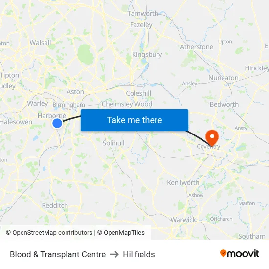 Blood & Transplant Centre to Hillfields map