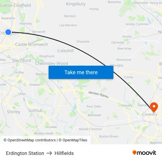 Erdington Station to Hillfields map