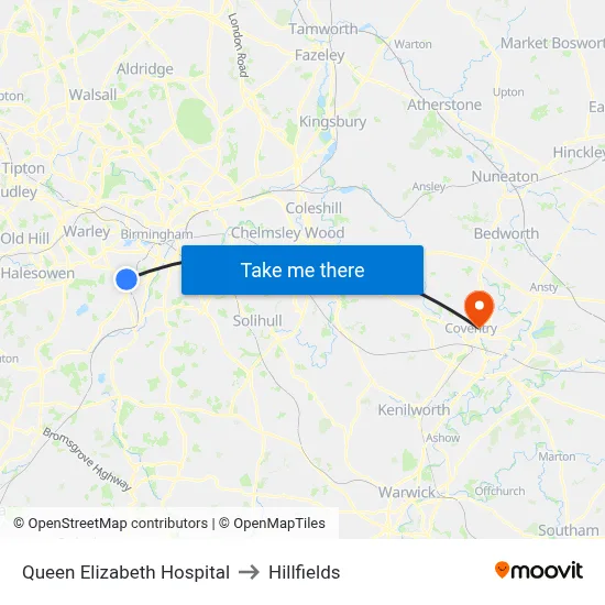 Queen Elizabeth Hospital to Hillfields map