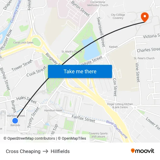 Cross Cheaping to Hillfields map