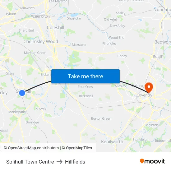 Solihull Town Centre to Hillfields map
