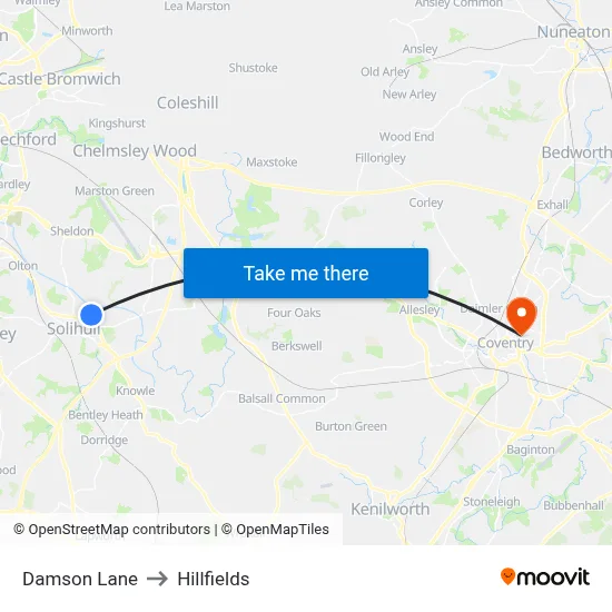 Damson Lane to Hillfields map