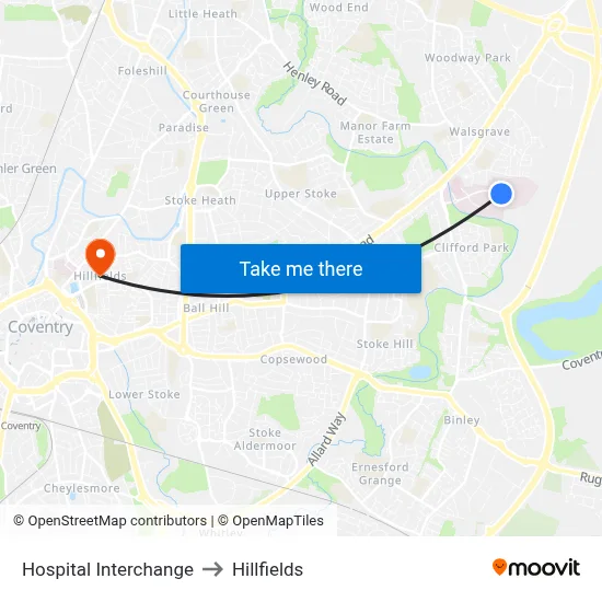 Hospital Interchange to Hillfields map