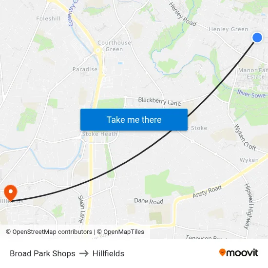 Broad Park Shops to Hillfields map