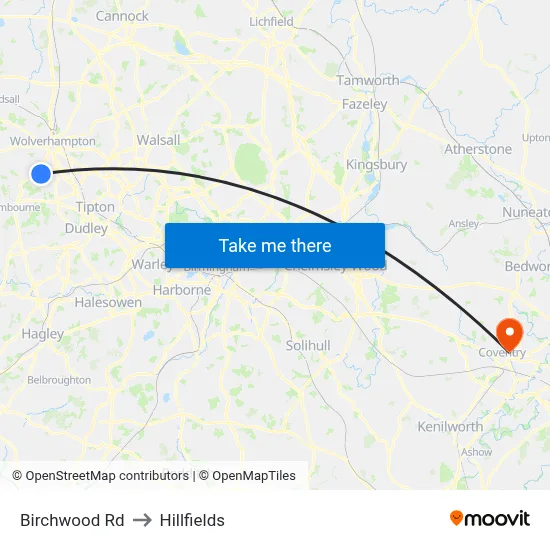 Birchwood Rd to Hillfields map