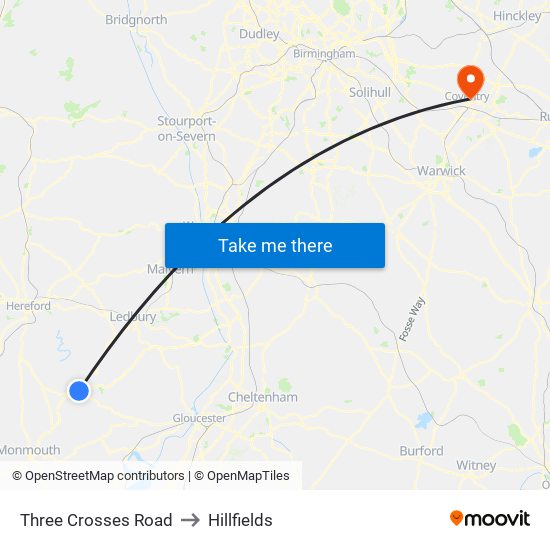 Three Crosses Road to Hillfields map