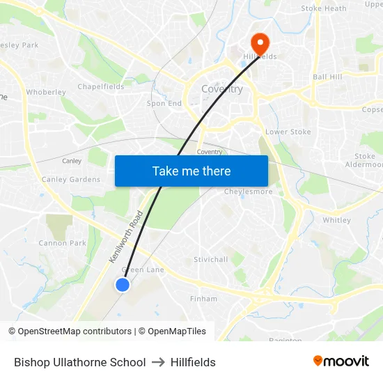 Bishop Ullathorne School to Hillfields map