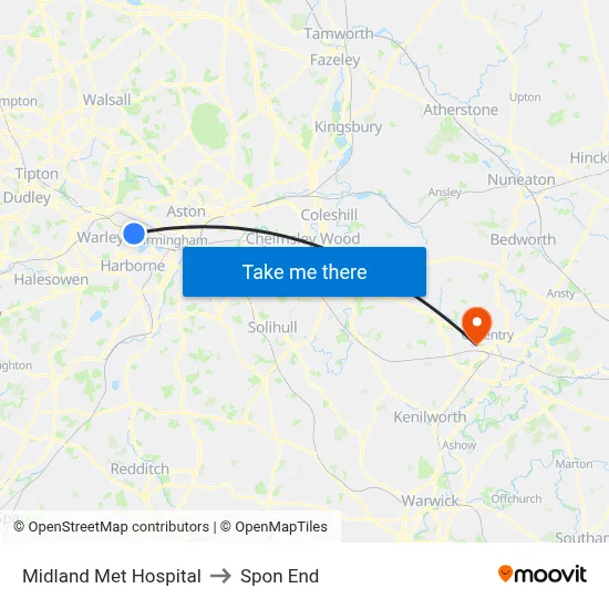 Midland Met Hospital to Spon End map