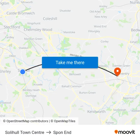 Solihull Town Centre to Spon End map