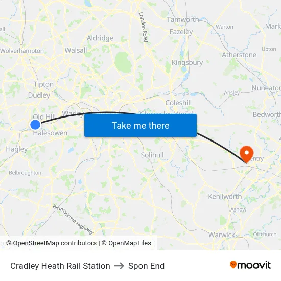 Cradley Heath Rail Station to Spon End map