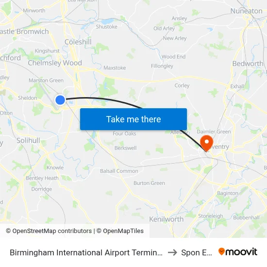Birmingham International Airport Terminal 2 to Spon End map