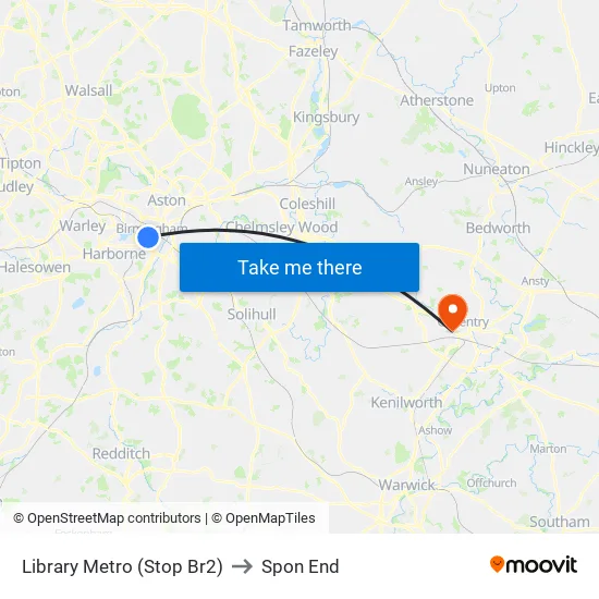 Library Metro (Stop Br2) to Spon End map