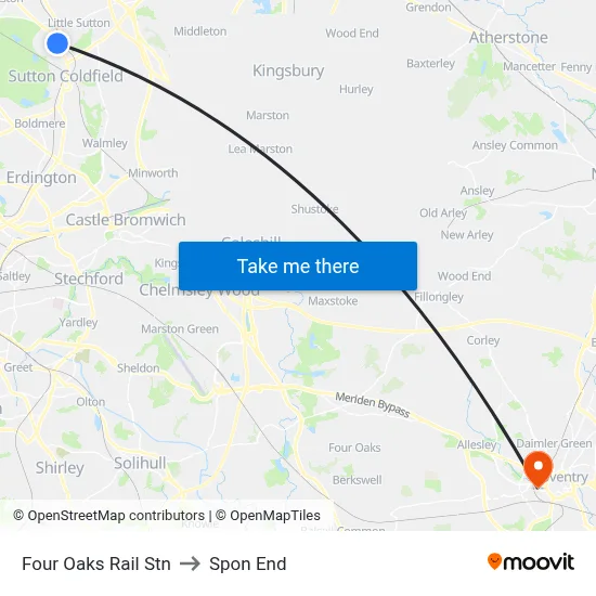 Four Oaks Rail Stn to Spon End map