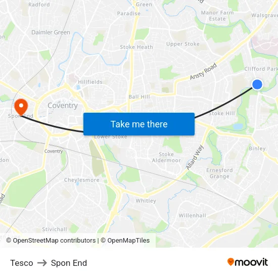 Tesco to Spon End map