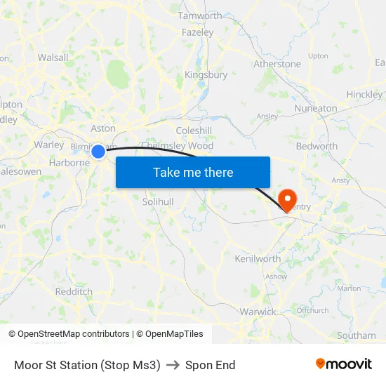 Moor St Station (Stop Ms3) to Spon End map