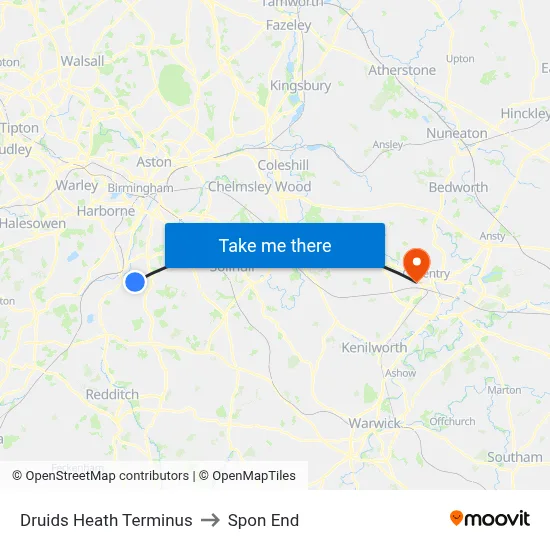 Druids Heath Terminus to Spon End map