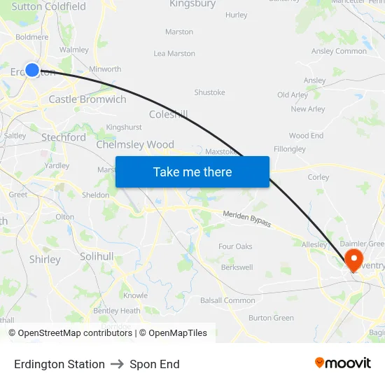 Erdington Station to Spon End map