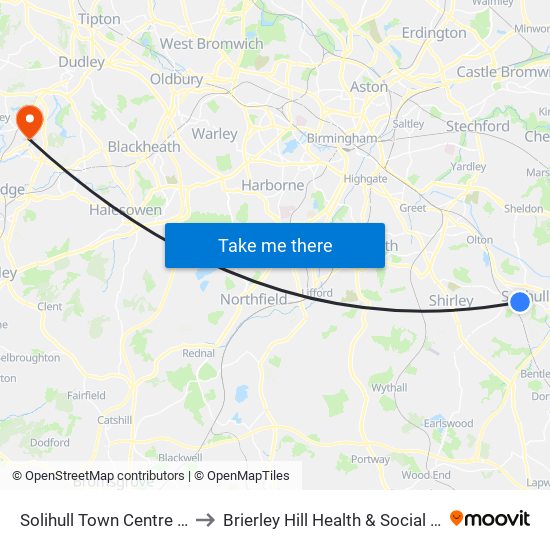 Solihull Town Centre (Stop Sa) to Brierley Hill Health & Social Care Centre map