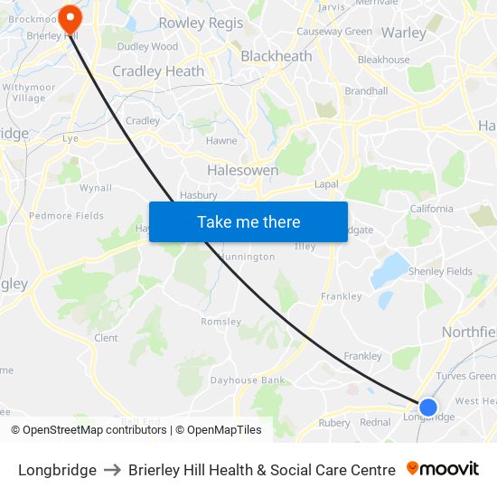 Longbridge to Brierley Hill Health & Social Care Centre map