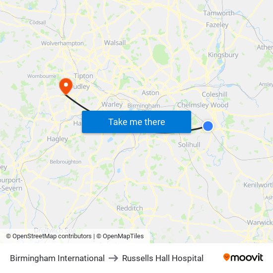 Birmingham International to Russells Hall Hospital map