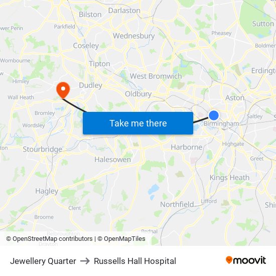 Jewellery Quarter to Russells Hall Hospital map