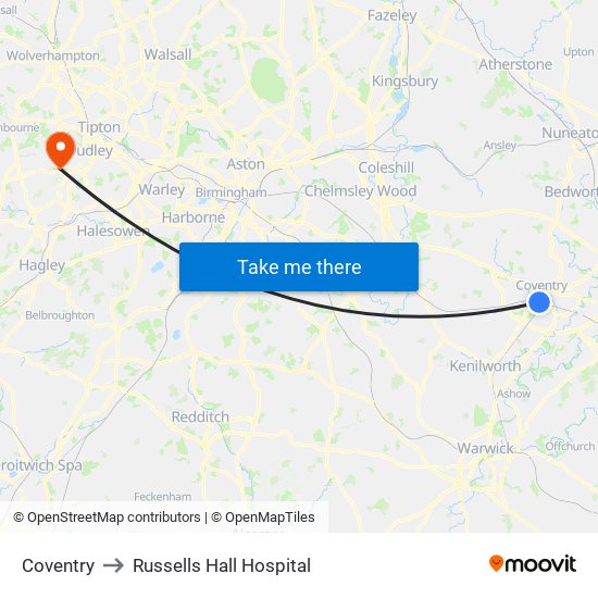 Coventry to Russells Hall Hospital map