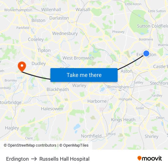Erdington to Russells Hall Hospital map