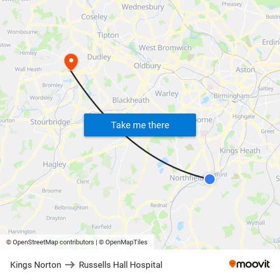 Kings Norton to Russells Hall Hospital map