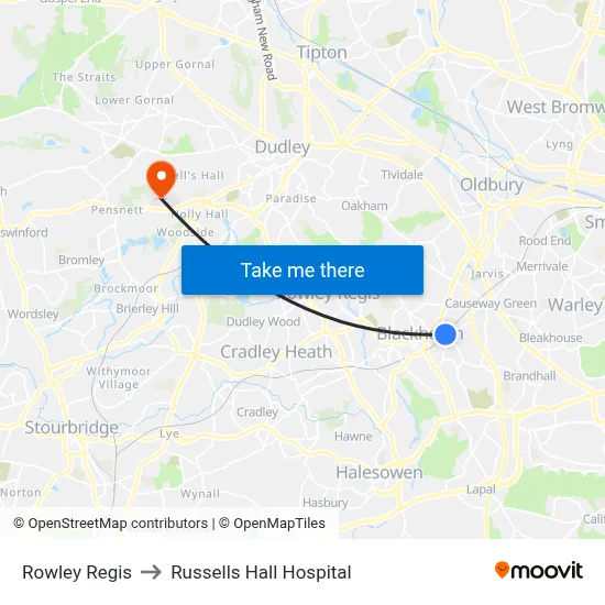 Rowley Regis to Russells Hall Hospital map