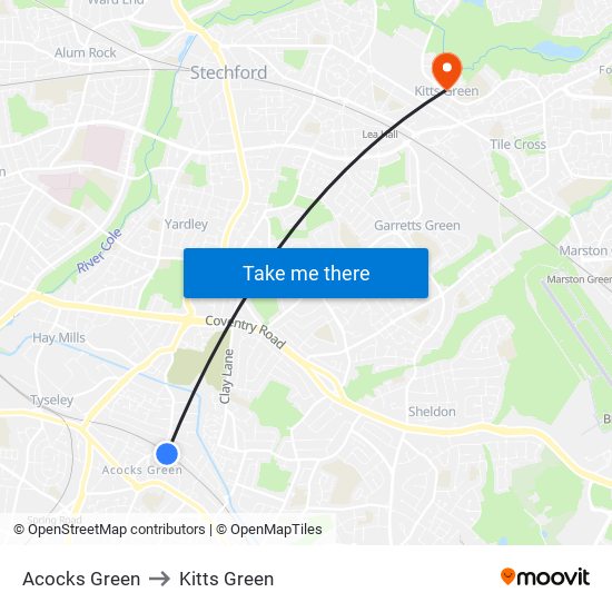 Acocks Green to Kitts Green map