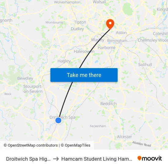 Droitwich Spa High School to Hamcam Student Living Hamstead Campus map