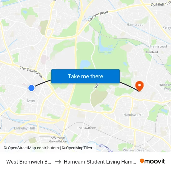 West Bromwich Bus Station to Hamcam Student Living Hamstead Campus map