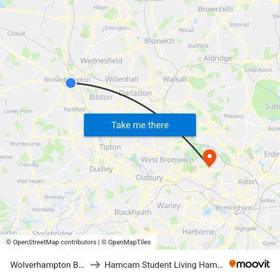 Wolverhampton Bus Station to Hamcam Student Living Hamstead Campus map