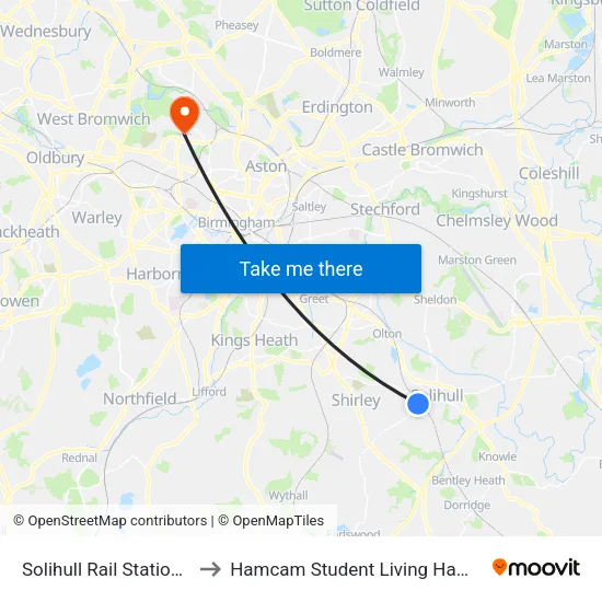 Solihull Rail Station to Hamcam Student Living Hamstead Campus map