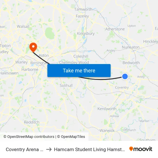 Coventry Arena Station to Hamcam Student Living Hamstead Campus map