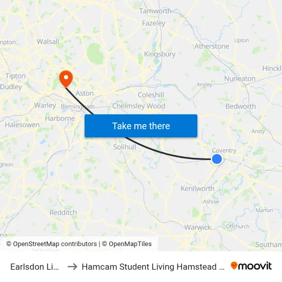 Earlsdon Library to Hamcam Student Living Hamstead Campus map