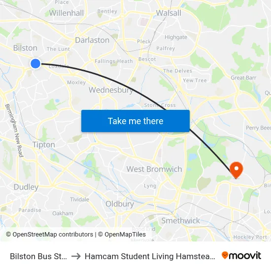 Bilston Bus Station to Hamcam Student Living Hamstead Campus map