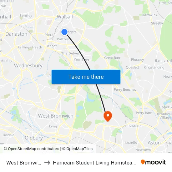 West Bromwich St to Hamcam Student Living Hamstead Campus map