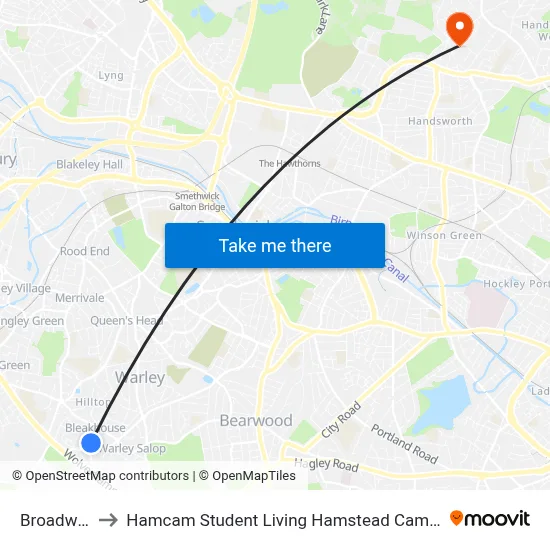 Broadway to Hamcam Student Living Hamstead Campus map